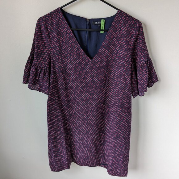 Madewell silk shift dress in navy and purple-pink print, size 0 - Picture 1 of 8